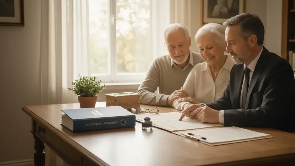 Documents de succession et calculatrice posés sur un bureau en bois avec stylo plume
