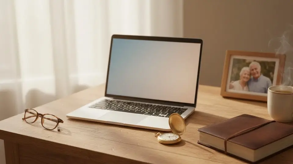 Personne organisant son héritage numérique sur un bureau chaleureux