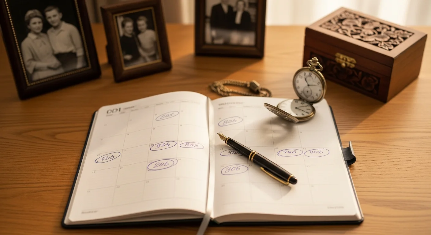 documents de succession et calendrier posés sur un bureau en bois, lumière dorée naturelle