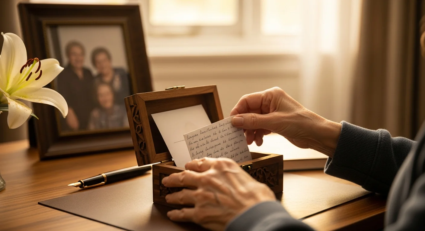 Mains âgées posant une enveloppe scellée près d'un testament manuscrit et d'un cœur en papier symbolisant le don à une association