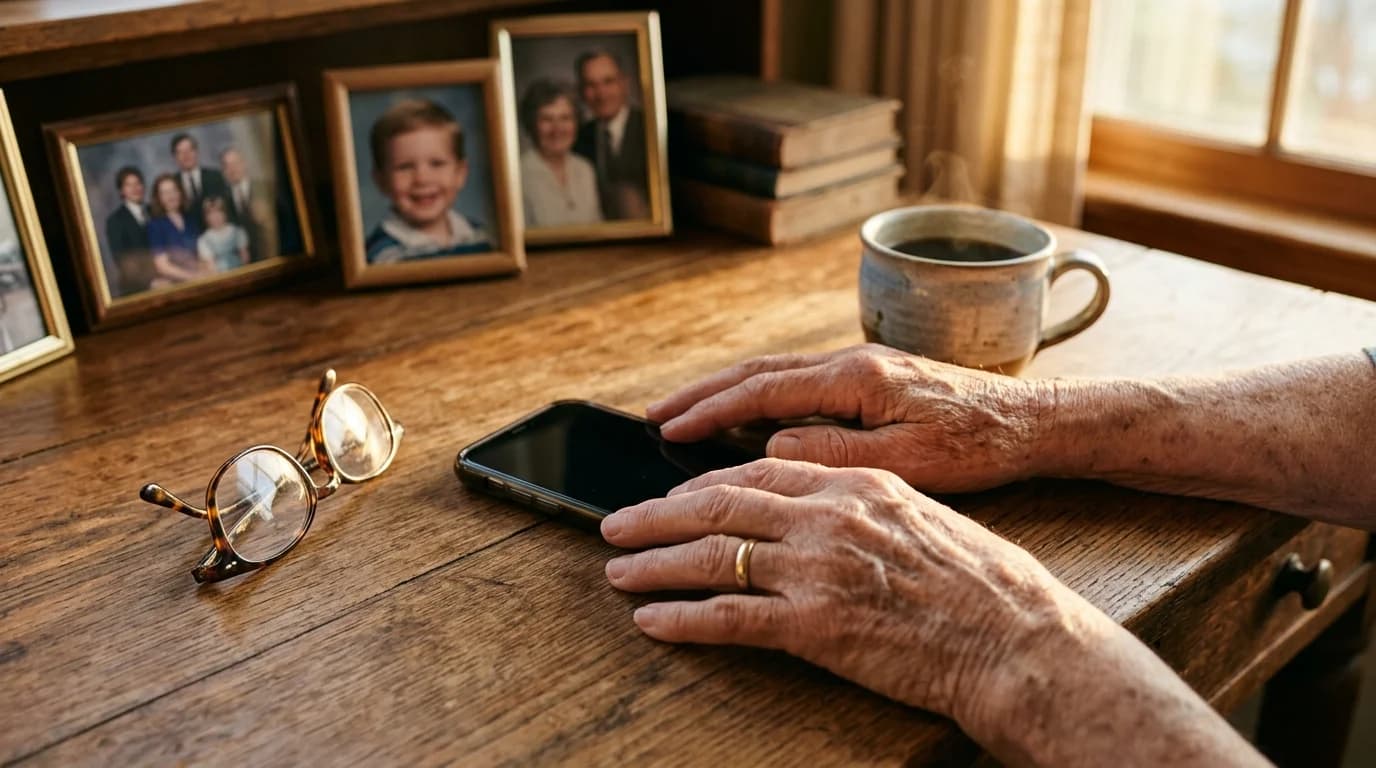 iPhone posé sur un bureau en bois près d'un cadre photo de famille, lumière dorée de fin de journée