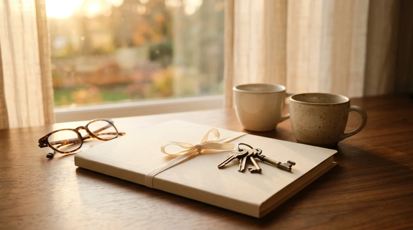 chemise cartonnée crème nouée d'un ruban, trousseau de vieilles clés en laiton, lunettes de lecture et deux tasses de café sur un bureau en noyer, lumière dorée de fin d'après-midi